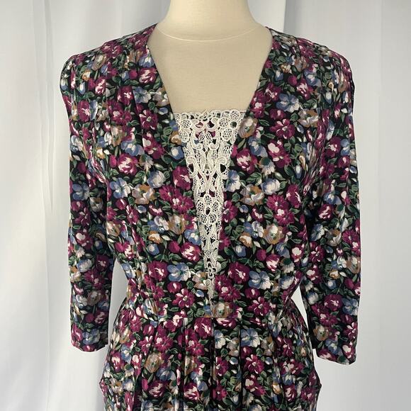 Vintage Midi Dress Size Medium Black Burgundy Floral Lace Cottage Garden 90s - Picture 2 of 16